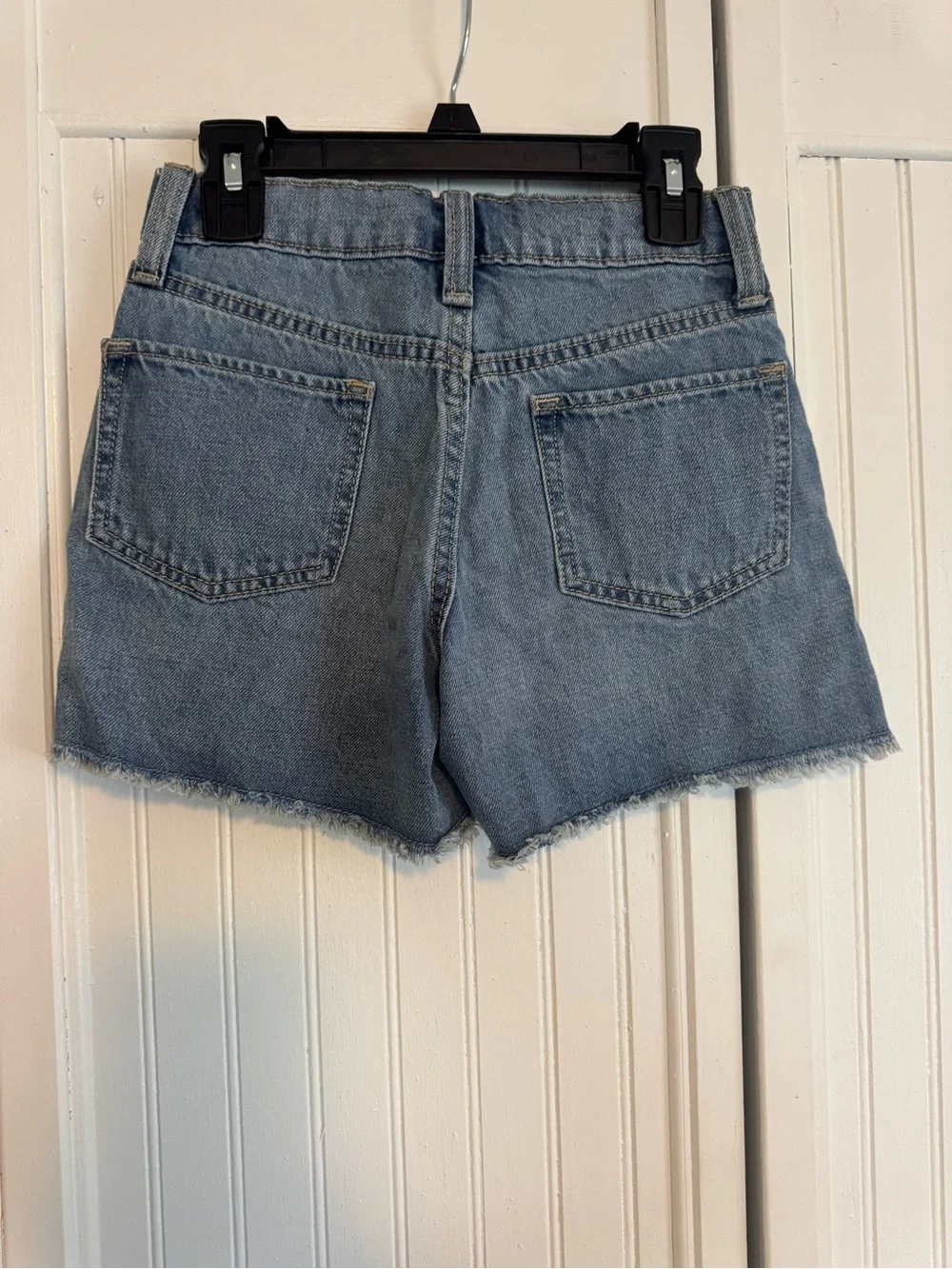 Old Navy Blue Denim Cutoff Shorts with Embroidered Smile and Daisies